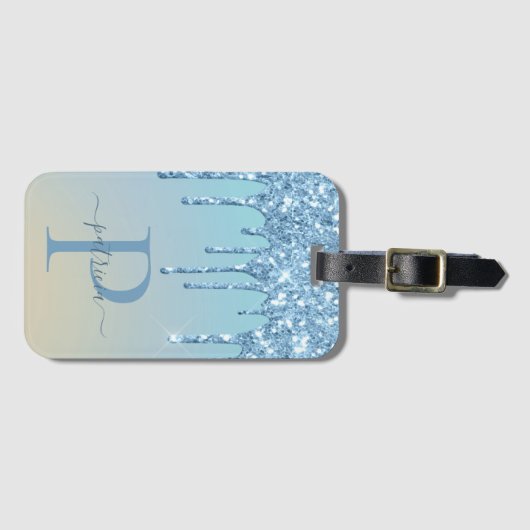 Glam Blue Glitter Drift Elegant Monogram Bagagelabel (Voorkant (horizontaal))