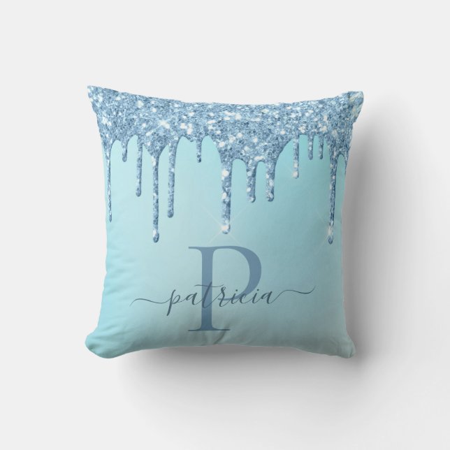 Glam Blue Glitter Drift Elegant Monogram Throw Pi Kussen (Voorkant)