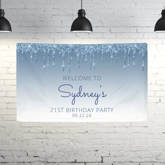 Glam Blue Glitter Drip 21ste Verjaardagsfeest Spandoek