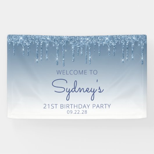 Glam Blue Glitter Drip 21ste Verjaardagsfeest Spandoek (Horizontaal)