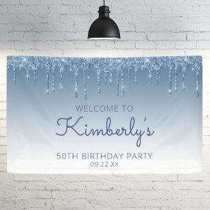 Glam Blue Glitter Drip 50e Verjaardagsfeest Banner