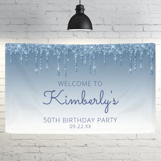 Glam Blue Glitter Drip 50th Birthday Party Banner