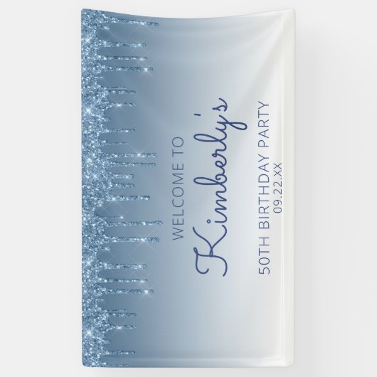 Glam Blue Glitter Drip 50th Birthday Party Banner (Verticaal)