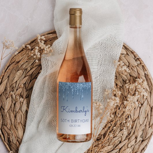 Glam Blue Glitter Drip 50th Birthday Party Wijn Etiket