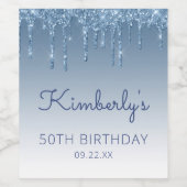 Glam Blue Glitter Drip 50th Birthday Party Wijn Etiket (Enkel label)