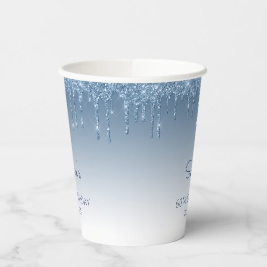 Glam Blue Glitter Drip 60th Birthday Party Papieren Bekers (Links)