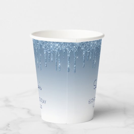 Glam Blue Glitter Drip 60th Birthday Party Papieren Bekers (Rechts)