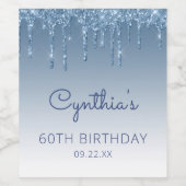 Glam Blue Glitter Drip 60th Birthday Party Wijn Etiket (Enkel label)