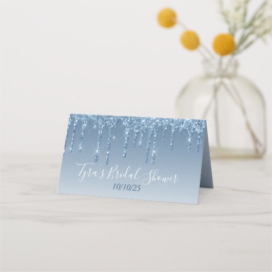 Glam Blue Glitter Drip Elegant Gepersonaliseerd Plaatskaartje (Achterkant)
