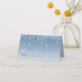 Glam Blue Glitter Drip Elegant Gepersonaliseerd Plaatskaartje