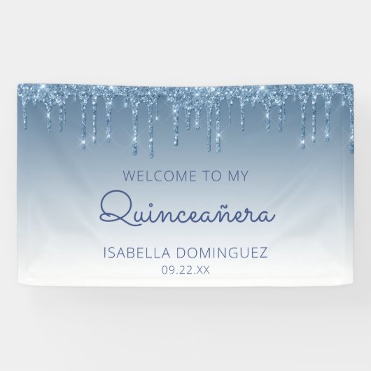 Glam Blue Glitter Drip Quinceañera Spandoek (Horizontaal)