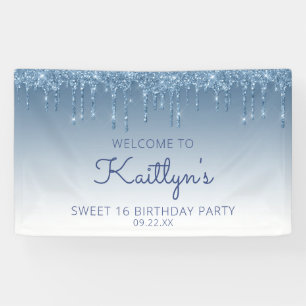 Glam Blue Glitter Drip Sweet 16 Feest Spandoek