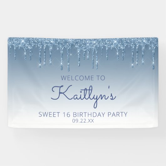 Glam Blue Glitter Drip Sweet 16 Feest Spandoek (Horizontaal)