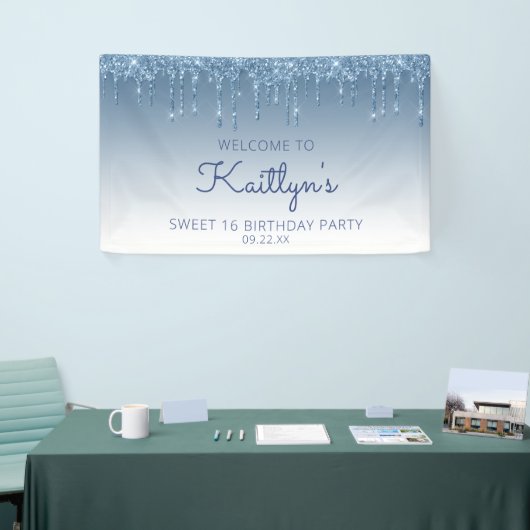 Glam Blue Glitter Drip Sweet 16 Party Spandoek (Beurs)