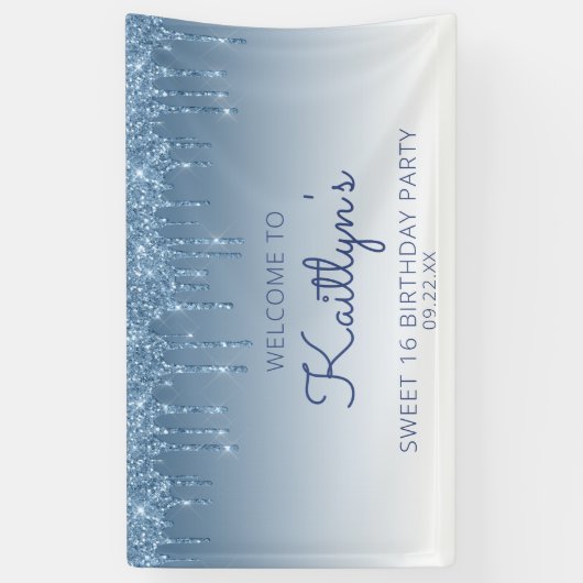 Glam Blue Glitter Drip Sweet 16 Party Spandoek (Verticaal)