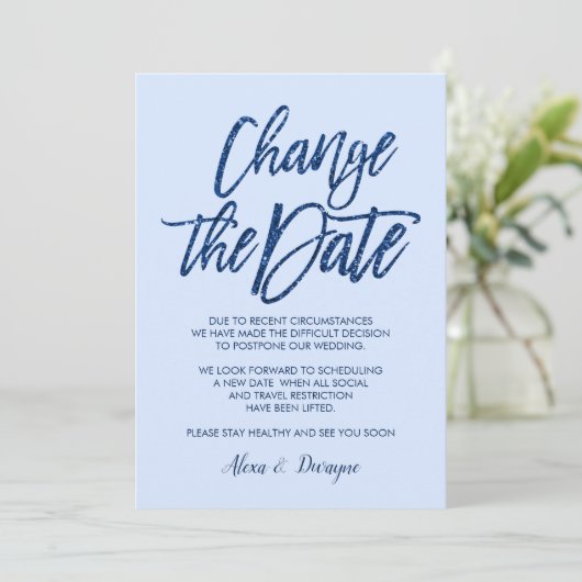 Glam Blue Glitter Geannuleerd Uitgestelde bruiloft Kaart (Staand voorkant)