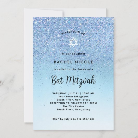 Glam Blue Glitter Look Bat Mitzvah | Foto Terug Kaart (Voorkant)