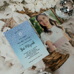 Glam Blue Glitter Look Bat Mitzvah | Foto Terug Kaart<br><div class="desc">Deze eigentijdse en elegante Bat Mitzvah uitnodiging heeft een trendy scripttypografie op een glam,  blauw ombre en faux glitter look achtergrond,  met een afbeelding van de Star of David. Je favoriete foto gaat op de achterkant.</div>