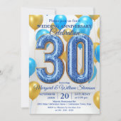 Glam Blue Gold Balloons 30th Wedding Anniversary  Kaart (Voorkant)