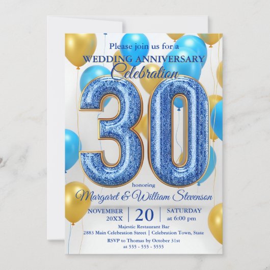 Glam Blue Gold Balloons 30th Wedding Anniversary  Kaart (Voorkant)