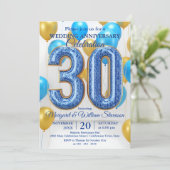 Glam Blue Gold Balloons 30th Wedding Anniversary  Kaart (Staand voorkant)