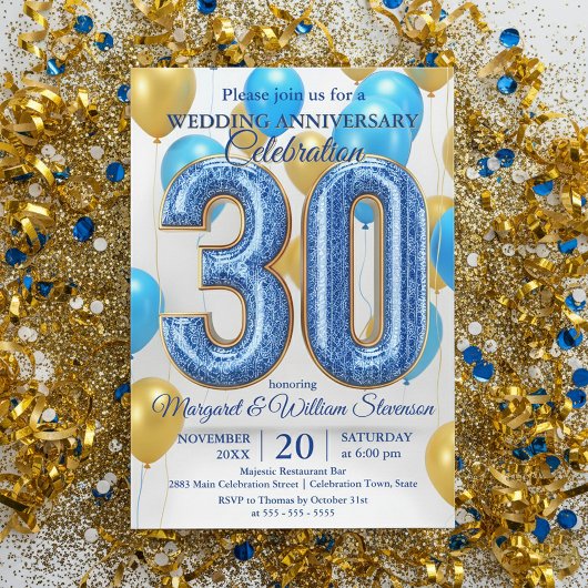Glam Blue Gold Balloons 30th Wedding Anniversary  Kaart