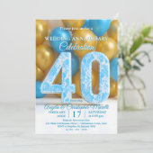 Glam Blue Gold Balloons 40th Wedding Anniversary  Kaart (Staand voorkant)