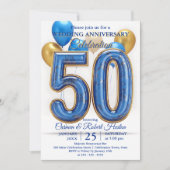 Glam Blue Gold Balloons 50th Wedding Anniversary Kaart (Voorkant)