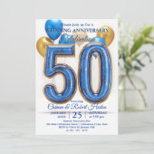 Glam Blue Gold Balloons 50th Wedding Anniversary Kaart (Staand voorkant)