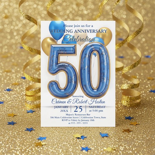 Glam Blue Gold Balloons 50th Wedding Anniversary Kaart