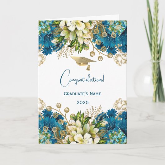 Glam Blue Gold Floral Afstuderen Kaart (Voorkant)