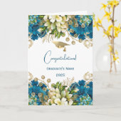 Glam Blue Gold Floral Afstuderen Kaart (Gele Bloem)