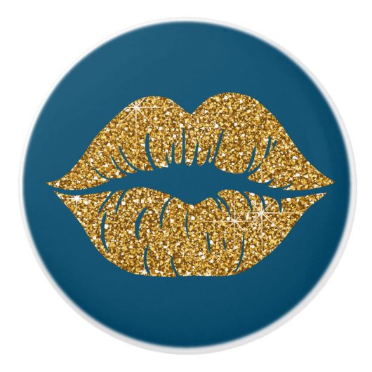 Glam Blue Gold Glitter Lips Trendy Sparkle Keramische Knop (Voorkant)