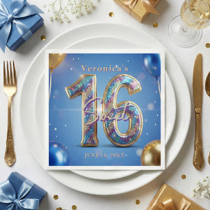 Glam Blue Goud Glitter Ballon Sweet 16 Verjaardag Servet