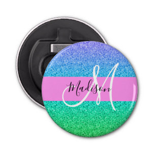Glam Blue Green Glitter Sparkle Gradient Monogram Button Flesopener