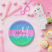 Glam Blue Green Glitter Sparkle Gradient Monogram Papieren Bordje (Feest)