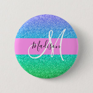 Glam Blue Green Glitter Sparkle Gradient Monogram Ronde Button 5,7 Cm