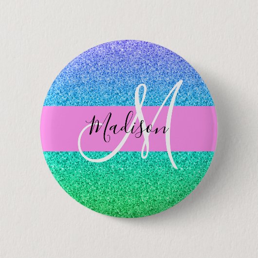 Glam Blue Green Glitter Sparkle Gradient Monogram Ronde Button 5,7 Cm (Voorkant)