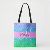 Glam Blue Green Glitter Sparkle Gradient Monogram Tote Bag (Voorkant)