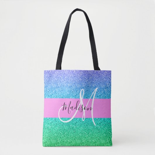 Glam Blue Green Glitter Sparkle Gradient Monogram Tote Bag (Voorkant)