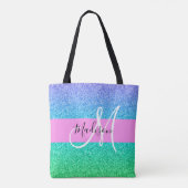 Glam Blue Green Glitter Sparkle Gradient Monogram Tote Bag (Achterkant)