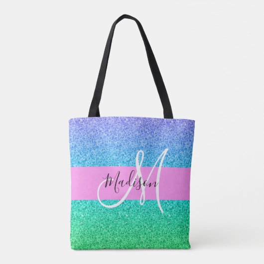 Glam Blue Green Glitter Sparkle Gradient Monogram Tote Bag (Achterkant)