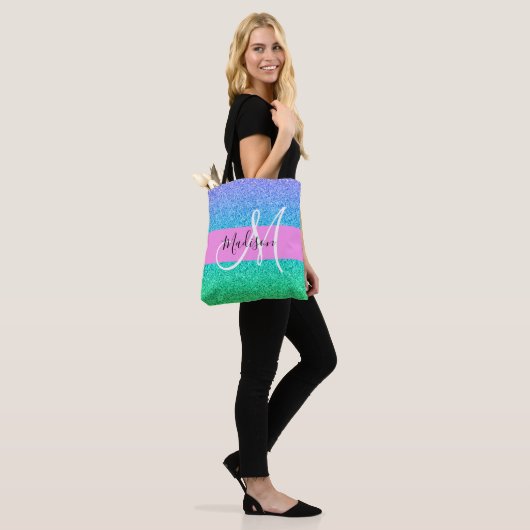 Glam Blue Green Glitter Sparkle Gradient Monogram Tote Bag (Op model)
