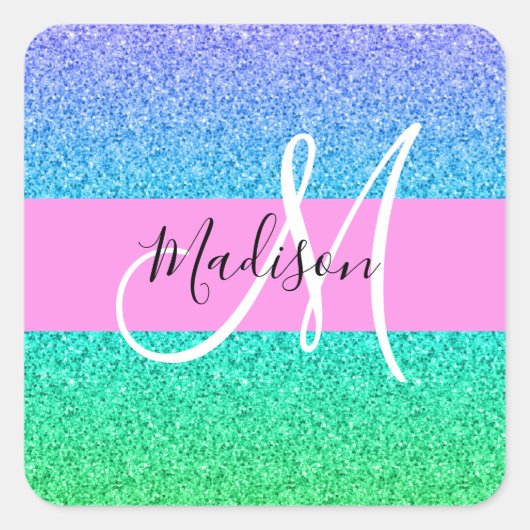 Glam Blue Green Glitter Sparkle Gradient Monogram Vierkante Sticker (Voorkant)