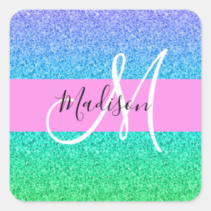 Glam Blue Green Glitter Sparkle Gradient Monogram Vierkante Sticker