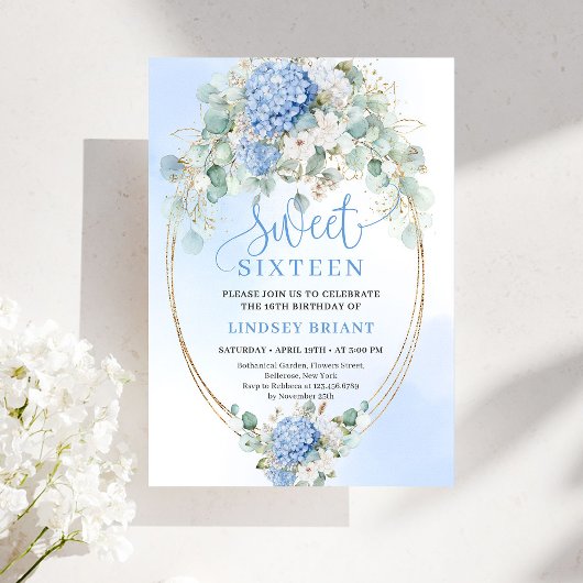 Glam Blue Hydrangeas Gold Sweet Sixteen Invite Kaart