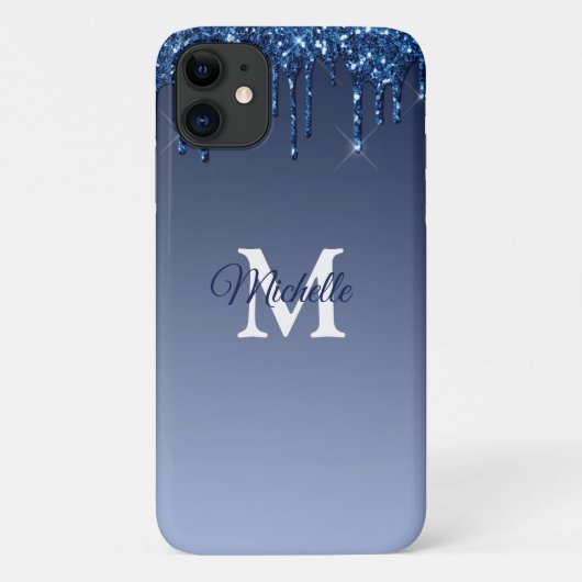 Glam & Blue Ombre Glitter Gepersonaliseerd Monogra Case-Mate iPhone Case (Achterkant)