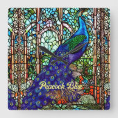 Glam Blue Paars Peacock Glas in lood Vierkante Klok (Voorkant)