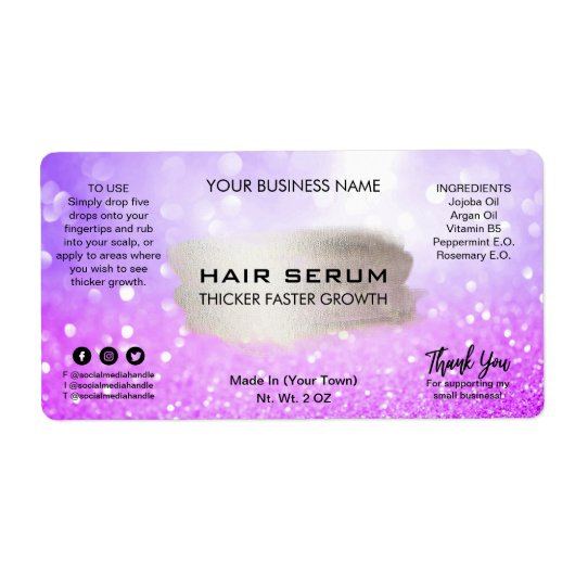 Glam Blue Paars Silver Glitter Hair Serum Label (Voorkant)