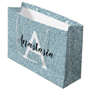 Glam Blue Silver Glitter Sparkles Monogram Groot Cadeauzakje